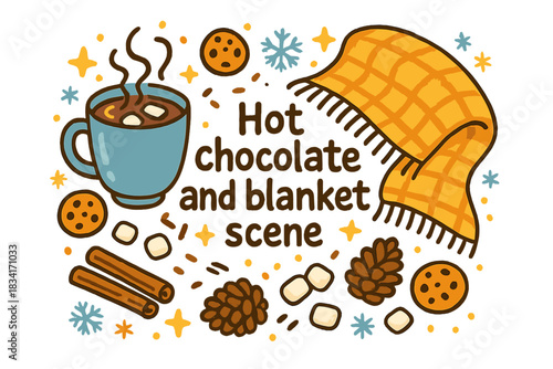 Cozy Hot Chocolate Doodles. Hot chocolate and blanket scene. Hand-drawn doodle illustration of Hot chocolate