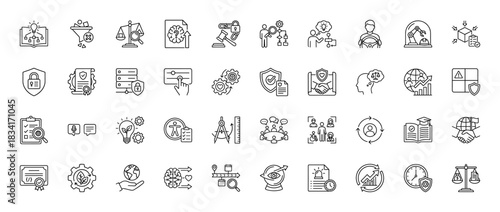 Business and legal compliance icon set. Vector pictograms of security shield, balance scale, brain, check list, and handshake, thin outline illustration.