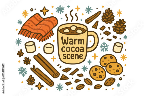Cozy Cocoa Delight. Warm cocoa scene. Hand-drawn doodle illustration of Warm cocoa scene. steaming mug, cozy