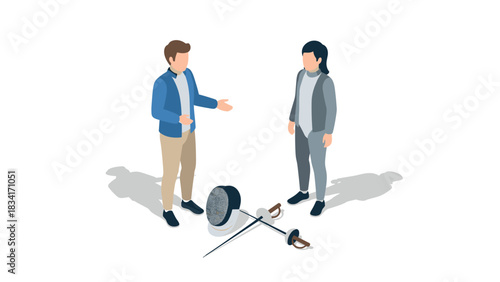 Isometric fencing discussion: two people conversing near equipment