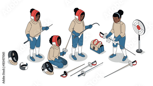 Isometric fencing practice with diverse female athletes preparing for training