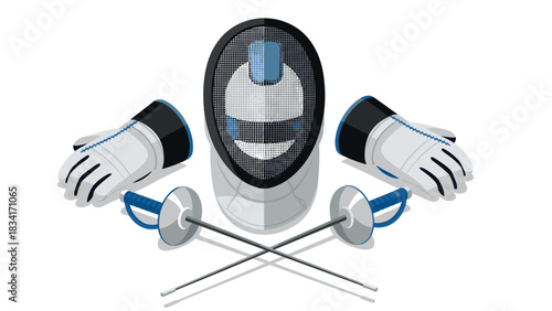 Fencing gear and equipment with swords, mask, gloves in modern style