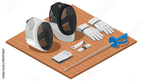 Isometric fencing gear on wooden board: mask, gloves, sabre, and epee equipment