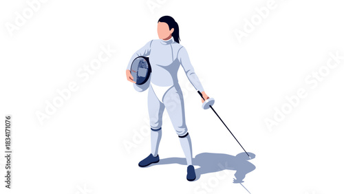 Fencer in modern uniform holding mask and epee in minimalist style