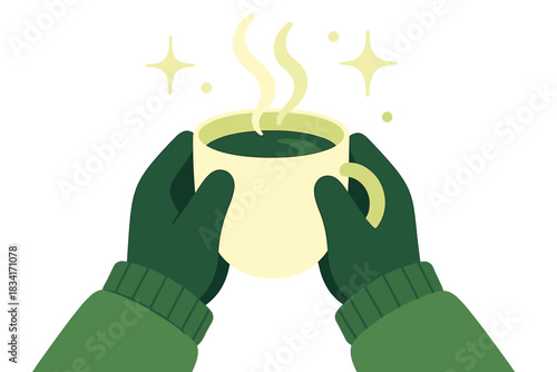 Cozy Winter Glow. Winter hands moment. A pair of gloved hands cup a hot beverage, steam forming gentle curls,