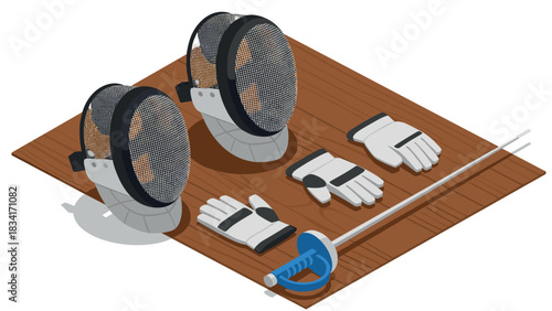 Fencing gear on wooden surface featuring helmets, gloves, and sword in isometric style