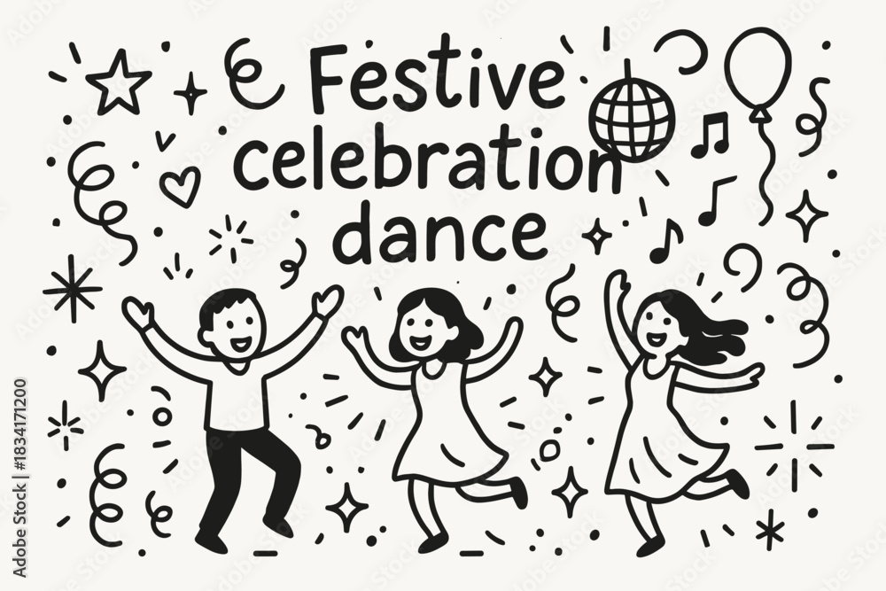 Naklejka premium Joyful Dance Celebration. Festive celebration dance. Hand-drawn doodle illustration of Festive celebration