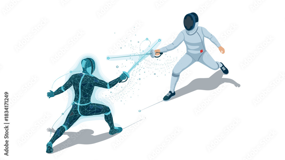 Fototapeta premium Fencing duel: digital meets traditional in futuristic combat art
