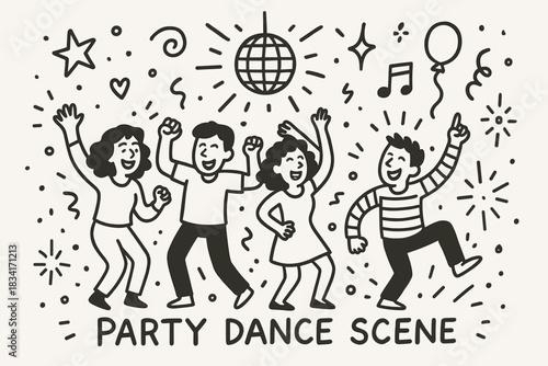 Energetic Dance Party. Party dance scene. Hand-drawn doodle illustration of Party dance scene. Central doodle