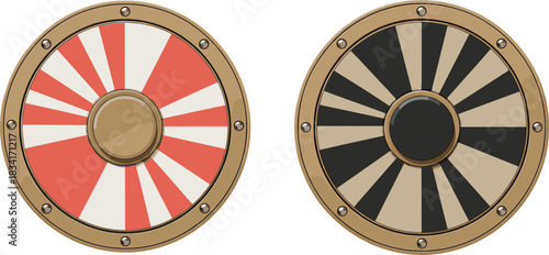 Viking round shields vector illustration set featuring medieval wooden warrior shields with metal rivets and radial patterns