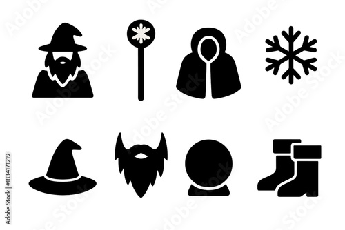 Ice Mage Icon Set. Ice mage illustration. Filled icon set of Ice mage illustration: wizard, staff, cloak,