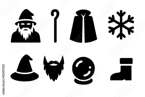 Winter Wizard Icons. Winter wizard character. Filled icon set of Winter wizard character: wizard, staff, cloak