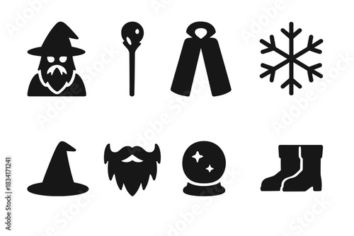 Frost Mage Icons. Frost mage details. Filled icon set of Frost mage details: wizard, staff, cloak, snowflake,