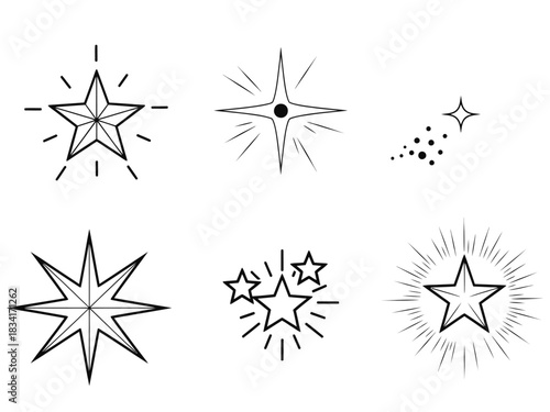 Set of six stylized starburst and sparkle icons with glowing effect