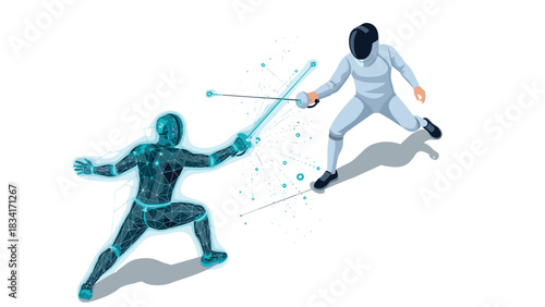 Futuristic digital duel: holographic figure battles traditional fencer in a dramatic standoff