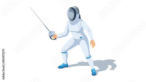 Fencing athlete in full gear posing with sword in isometric style