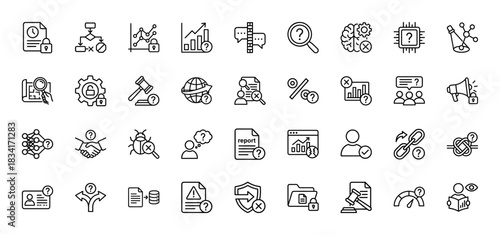 Data analysis and legal compliance line icon set. Vector pictograms of research, security, policy, and information, thin outline illustration.