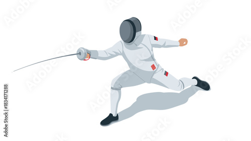 Fencing athlete in dynamic lunge pose with sword on white background