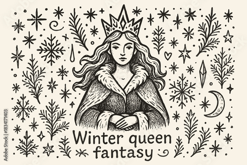 Winter Queen Doodle. Winter queen fantasy. Hand-drawn doodle illustration of Winter queen fantasy. Central