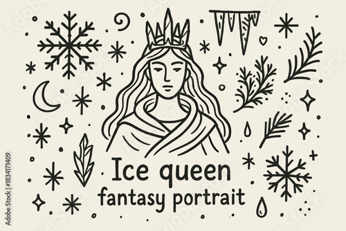 Ice Queen Fantasy. Ice queen fantasy portrait. Hand-drawn doodle illustration of Ice queen fantasy portrait.