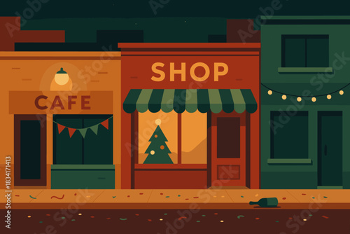 Retro Festive Cityscape. After hours festive city minimalist flat illustration of geometric storefronts with