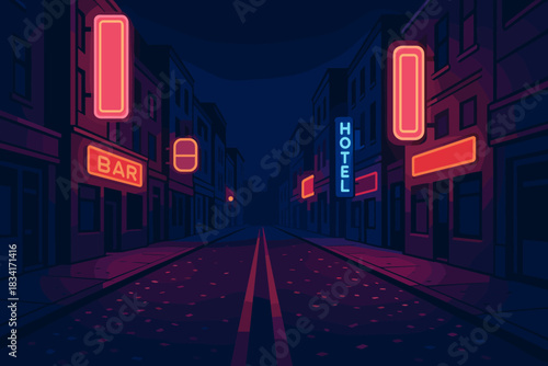 Neon Street Serenity. Neon-lit quiet street minimalist flat illustration of empty street lined with glowing
