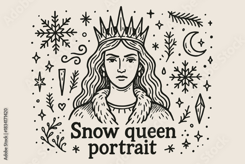Snow Queen Majesty. Snow queen portrait. Hand-drawn doodle illustration of Snow queen portrait. Central doodle