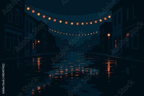 Wet Urban Glow. Late night urban glow minimalist flat illustration of wet streets reflecting lights after a