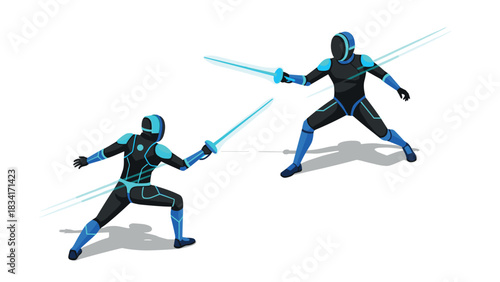 Futuristic fencing duel with neon lightsabers in isometric style