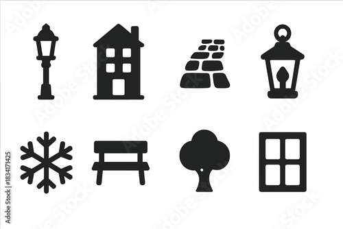 Lantern Street Icons. Lantern-lit street at dusk. Filled icon set of Lantern-lit street at dusk: street lamp,