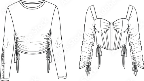 Women's stylish crop top set, ruched long-sleeve and corset bustier technical drawing, flat vector illustration, fashion apparel CAD design.