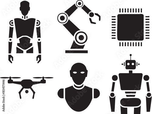 Six black silhouette icons of robots drone and computer chip technology