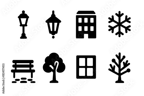 Winter Street Icons. Evening winter street. Filled icon set of Evening winter street: street lamp, lantern,
