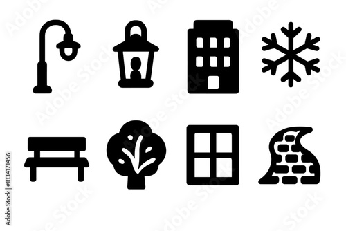 Winter Dusk Icons. Winter dusk street. Filled icon set of Winter dusk street: street lamp, lantern, building,