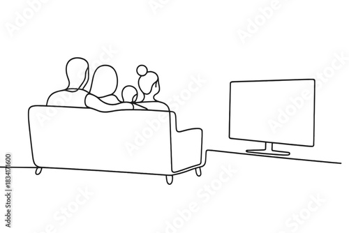 Family TV Night. Family TV night. Minimalistic one-line drawing group of family sitting on sofa facing