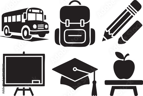 Black graphic icons of school bus backpack pencil blackboard graduation cap apple eraser