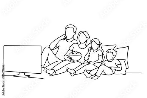 Minimalist Family Movie. Cozy living room movie. Minimalistic one-line drawing family lounging with pillows