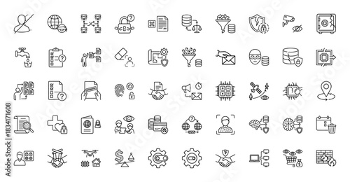 Cybersecurity and data protection line icon set. Vector pictograms of networking, encryption, fingerprint, and safety, thin outline illustration.