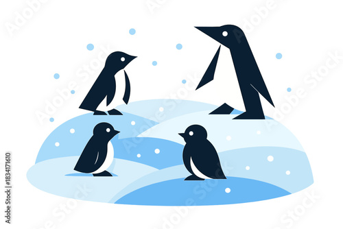 Penguins on Ice. Winter Ice Walk. Flat minimalist vector illustration of a Winter Ice Walk. Angular penguin