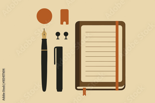 Minimalist Retro Workspace. Flat lay productivity minimalist flat illustration of pen, notebook, and small