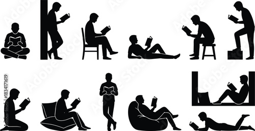 People Reading Book Silhouette Icons Set, Education, Learning, Study, Student, Men and Women in Various Poses, Leisure Time, Flat Vector Illustration
