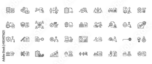 Law, compliance, and business management line icon set. vector pictograms of regulation, security, analysis, and strategy, thin outline illustration.