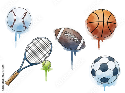 Collection of various sports equipment isolated on a white background