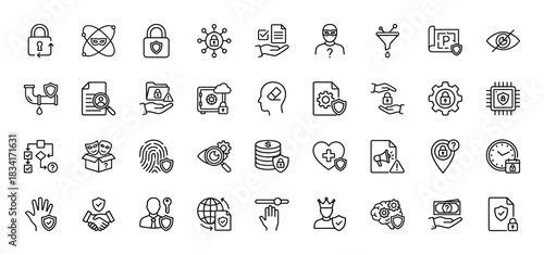 Cybersecurity line icon set. Vector pictograms of padlock, data protection, atomic security, document check, and anonymous hacker, thin outline illustration.