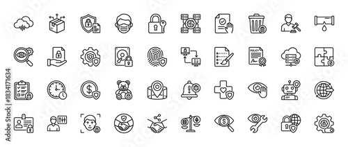 Security and privacy line icon set. Vector pictograms of cloud, shield, lock, fingerprint, and policy documents, thin outline illustration.