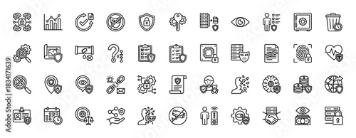 Cyber security and data protection line icon set. Vector pictograms of shield, lock, fingerprint, safe, and privacy, thin outline illustration.