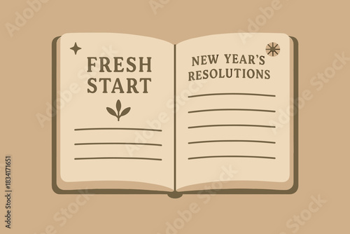 Minimalist New Year Journal. Fresh start notebook minimalist flat illustration of an open journal with subtle