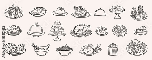 Hand drawn festive food set featuring holiday dish, dessert, roasted meat, pastry, cheese plate and traditional meals. Vintage crayon outline illustration perfect for Christmas dinner designs, menu.