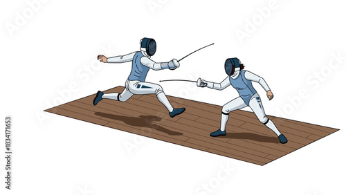Two fencers engaged in a dynamic match on wooden floor