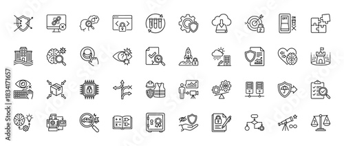 Technology and security line icon set. Vector pictograms of protection shield, brain, locked computer, and data analysis, thin outline illustration.